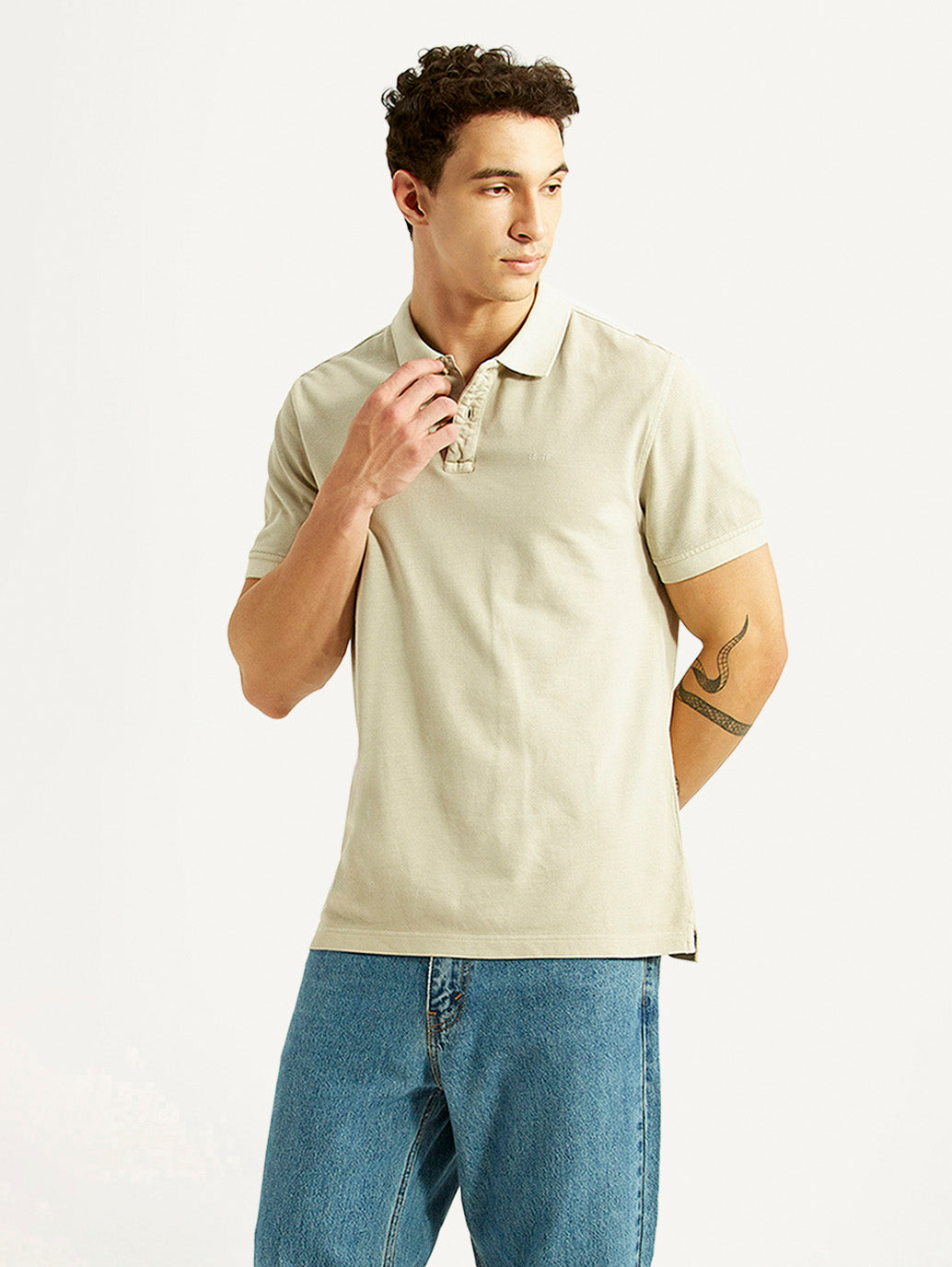 Men's Solid Beige Slim Fit Polo T-shirt - Styleshot View