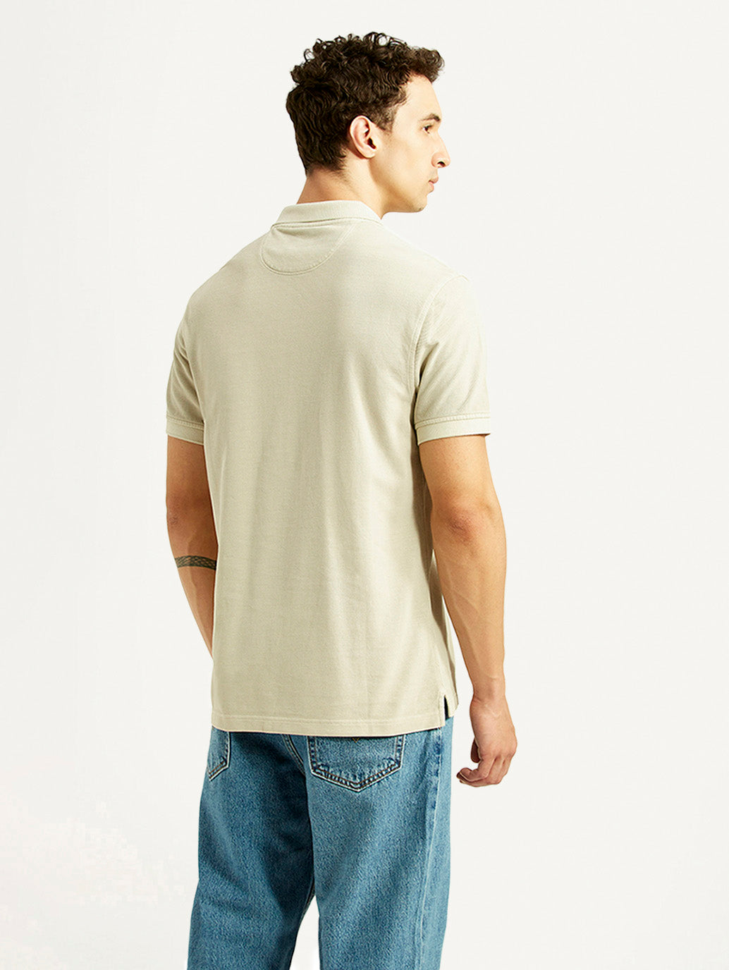 Men's Solid Beige Slim Fit Polo T-shirt - Back View