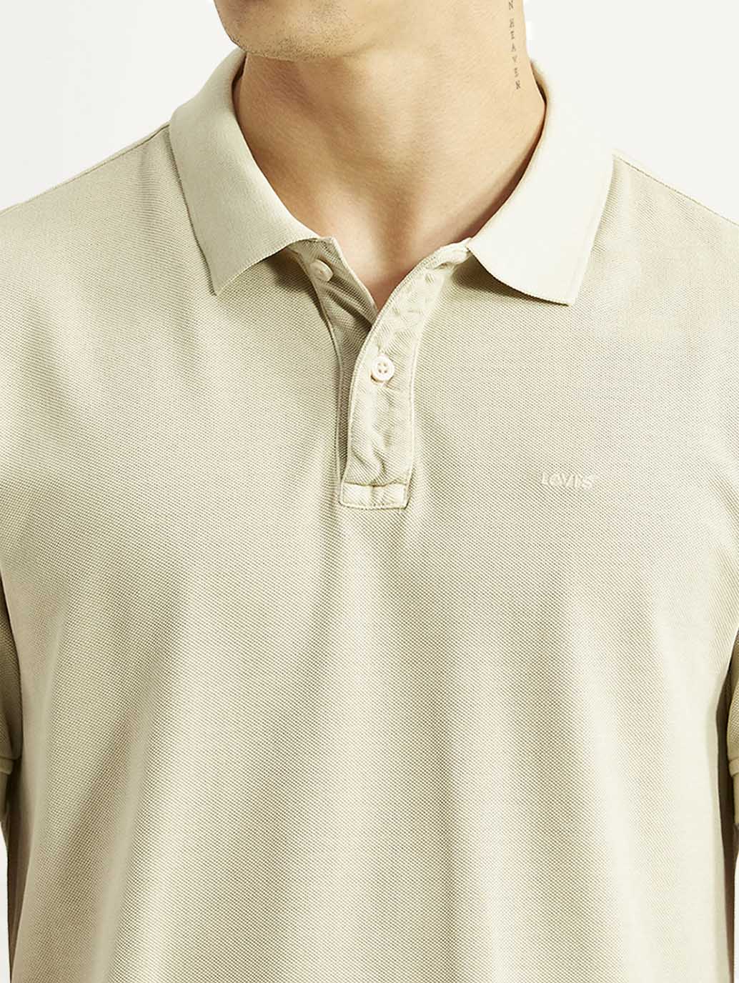 Men's Solid Beige Slim Fit Polo T-shirt - Detail View