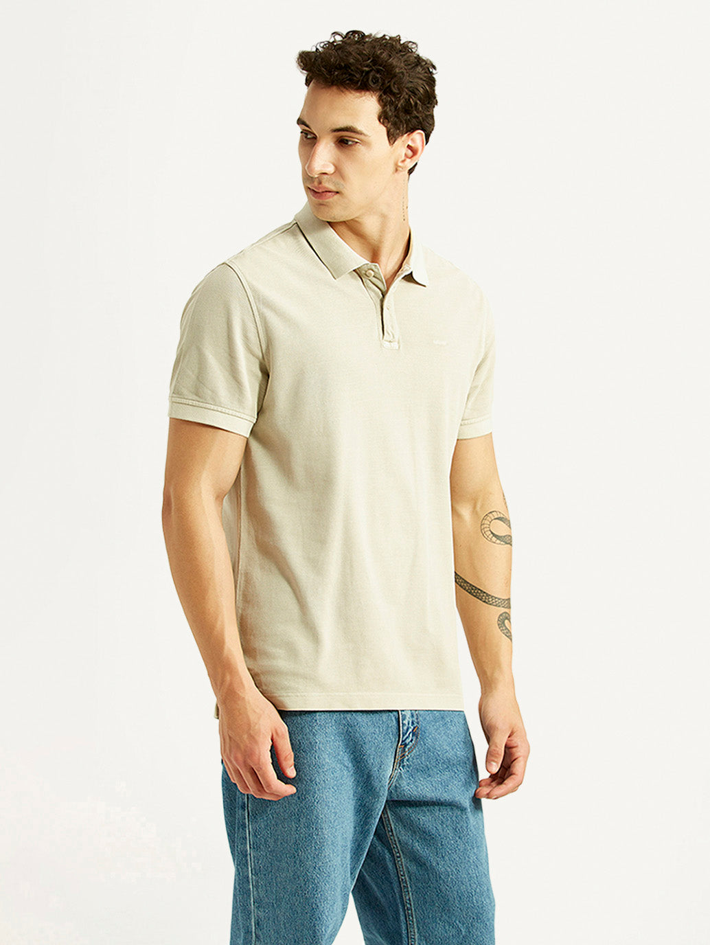 Men's Solid Beige Slim Fit Polo T-shirt - Side View