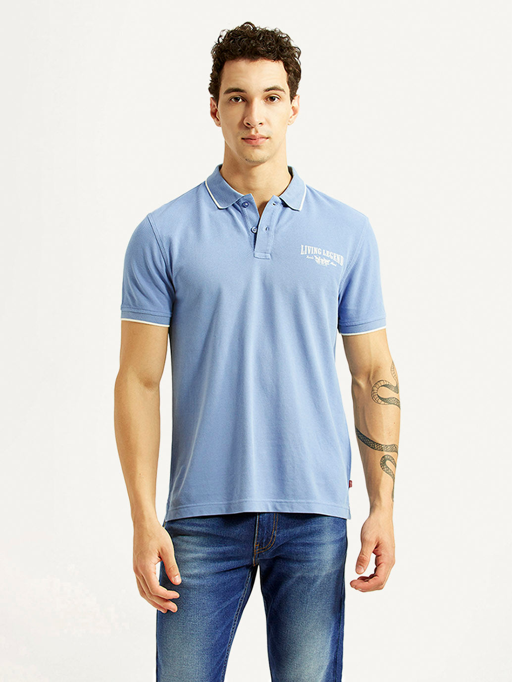 Men's Graphic Print Light Blue Slim Fit Polo T-shirt - Front View