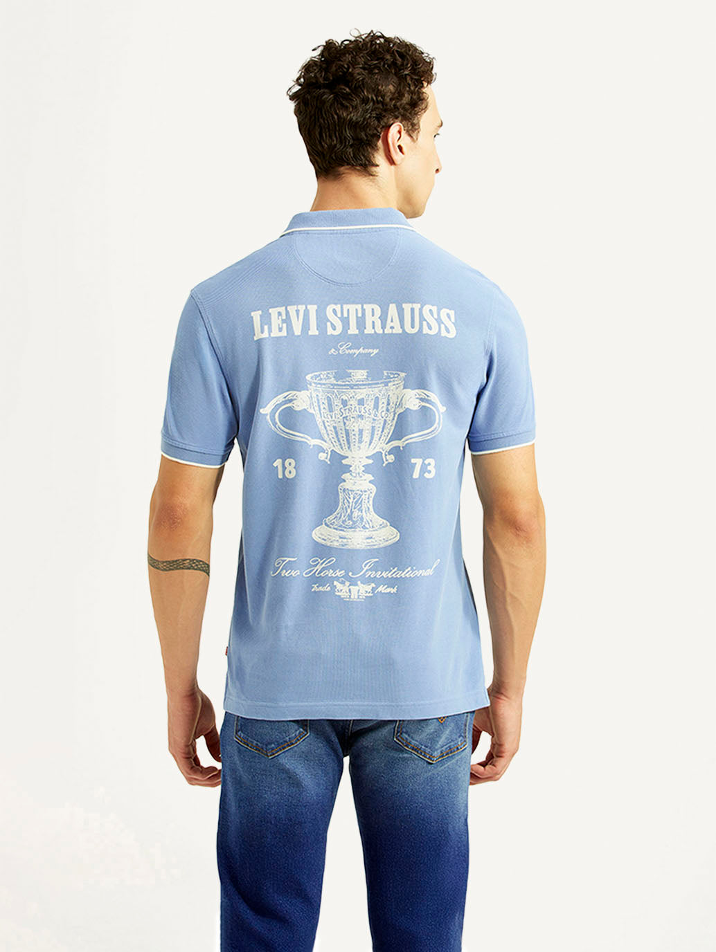 Men's Graphic Print Light Blue Slim Fit Polo T-shirt - Back View