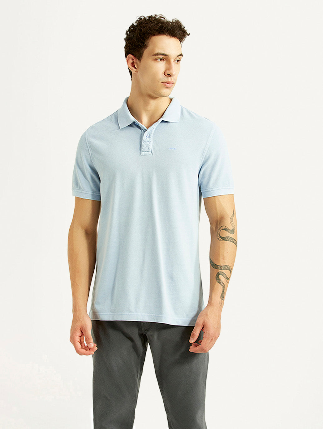 Men's Solid Light Blue Slim Fit Polo T-shirt - Front View