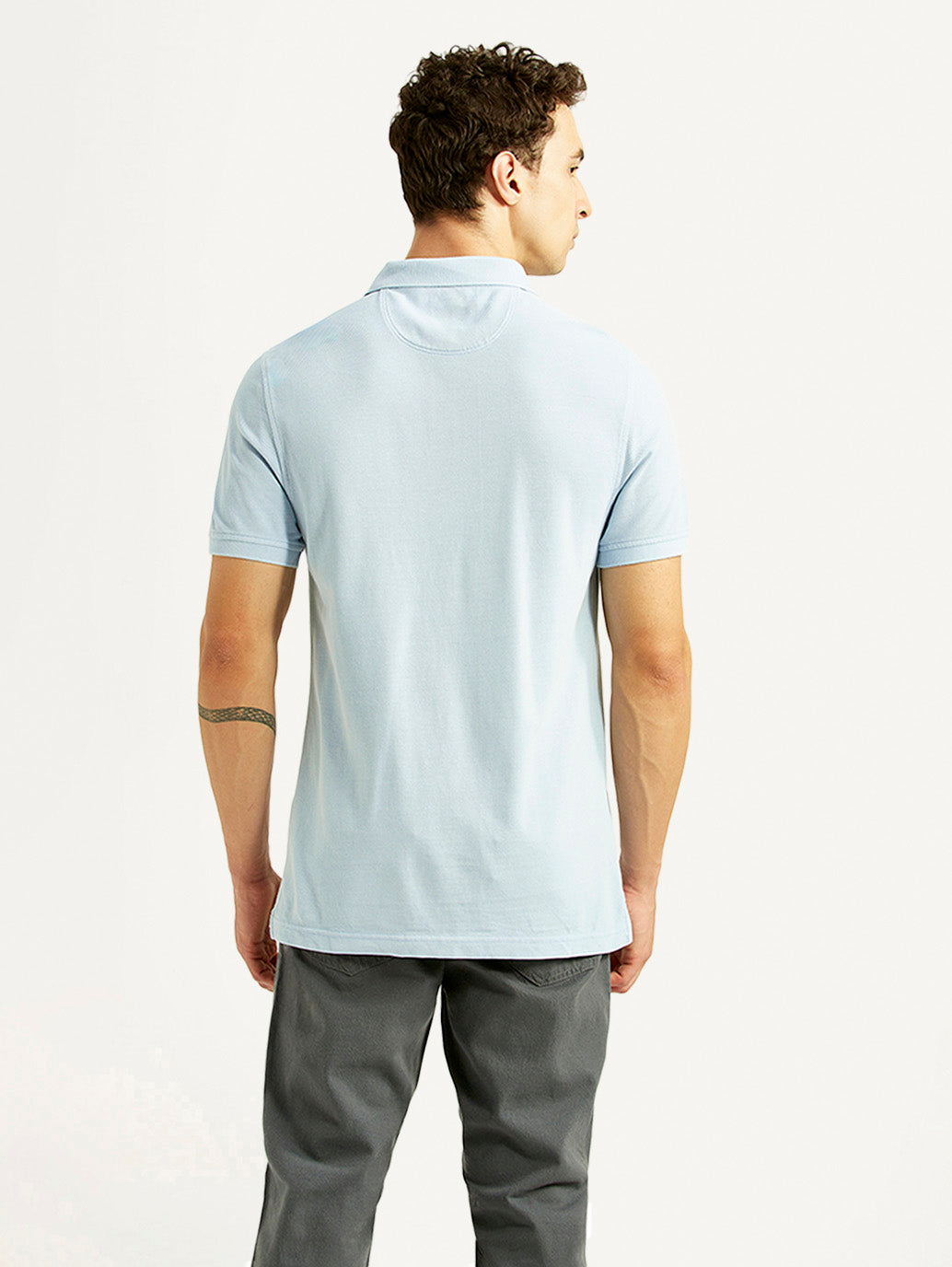 Men's Solid Light Blue Slim Fit Polo T-shirt - Back View