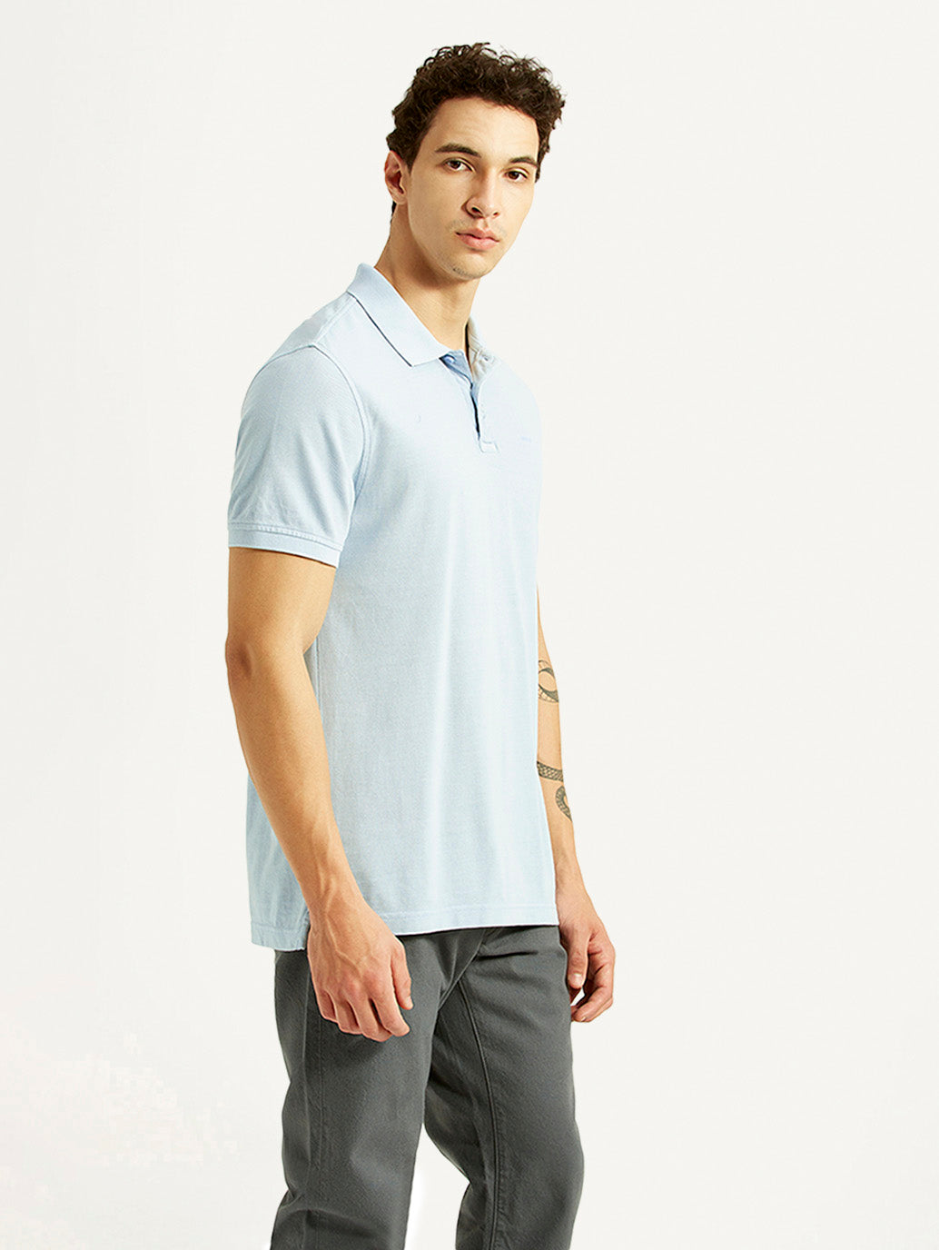 Men's Solid Light Blue Slim Fit Polo T-shirt - Side View