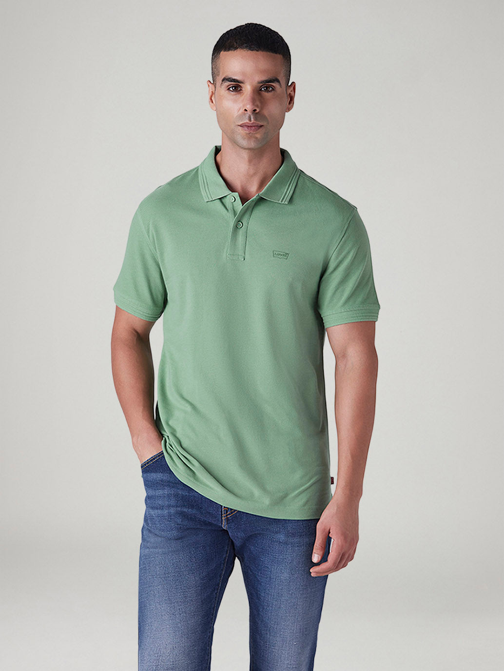 Men's Solid Light Green Pique Polo T shirt - Front View