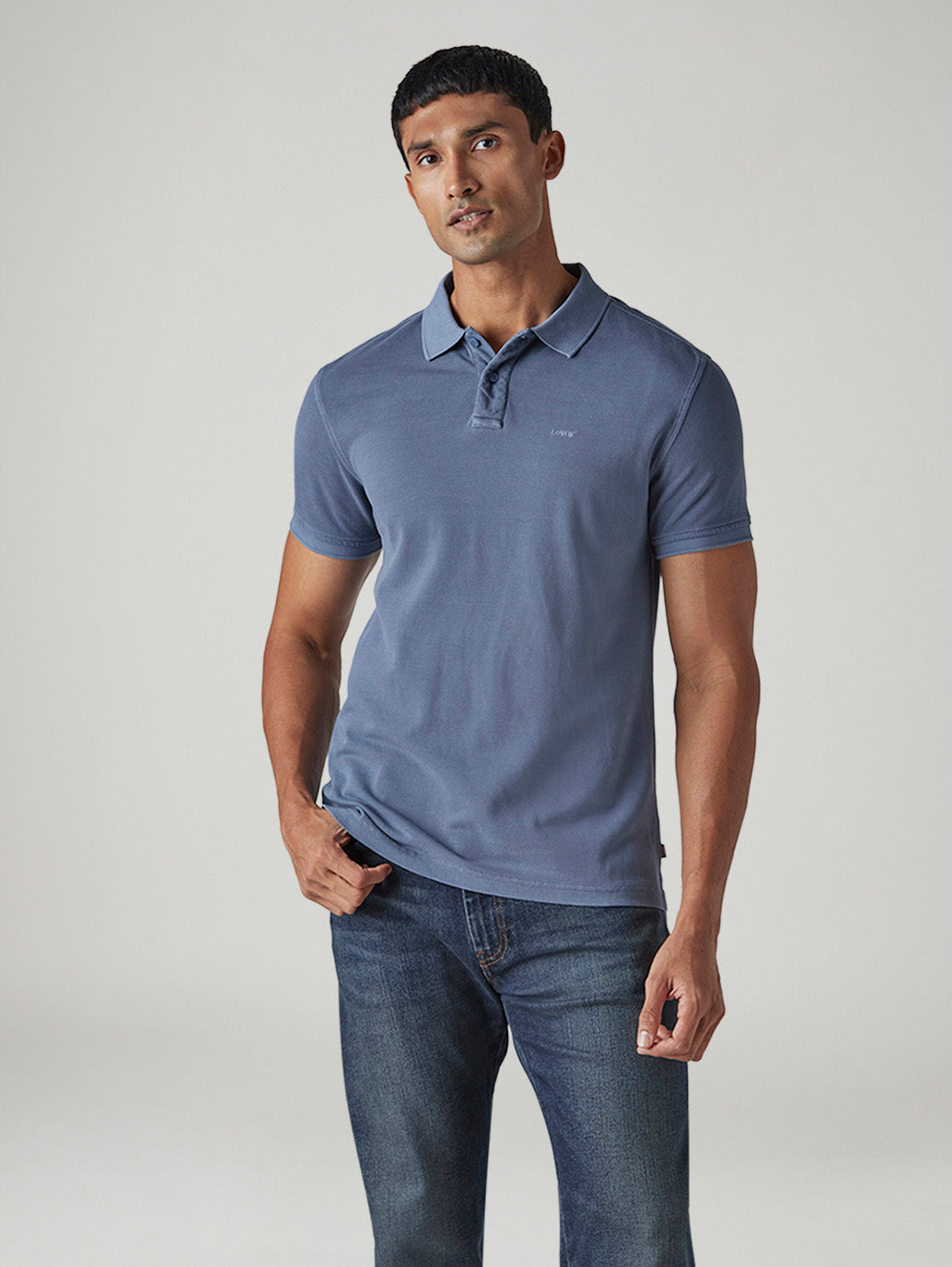 Men's Solid Blue Pique Polo T-shirt - Front View
