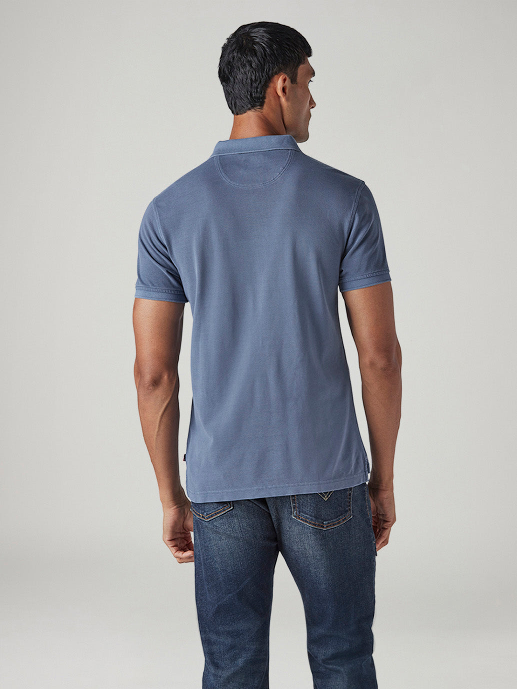 Men's Solid Blue Pique Polo T-shirt - Back View
