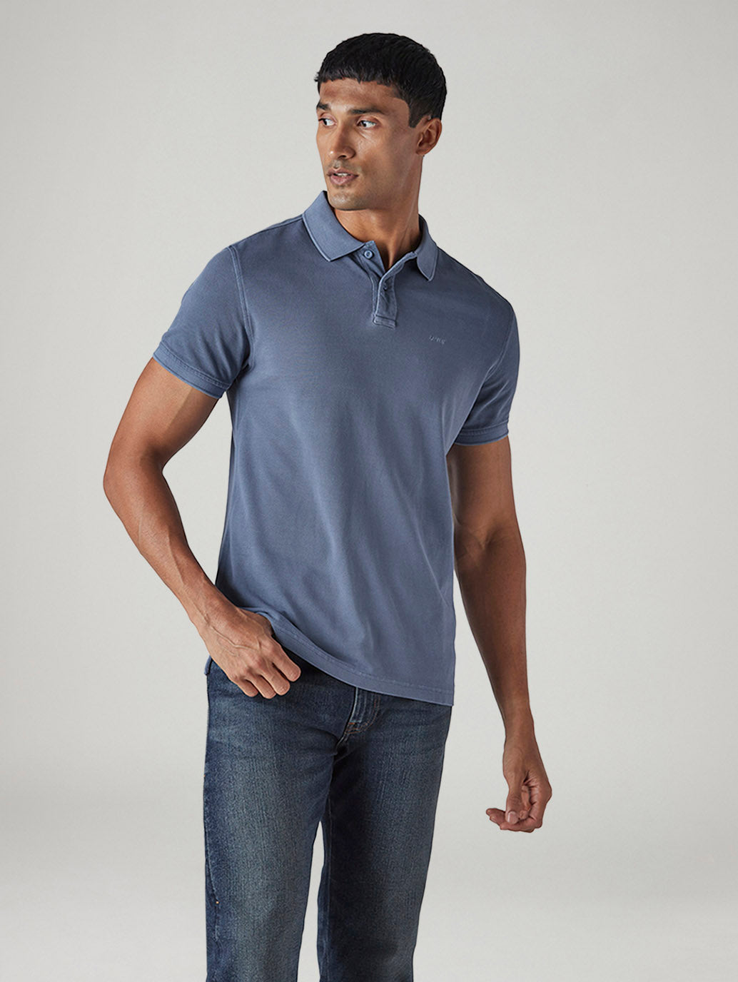 Men's Solid Blue Pique Polo T-shirt - Side View