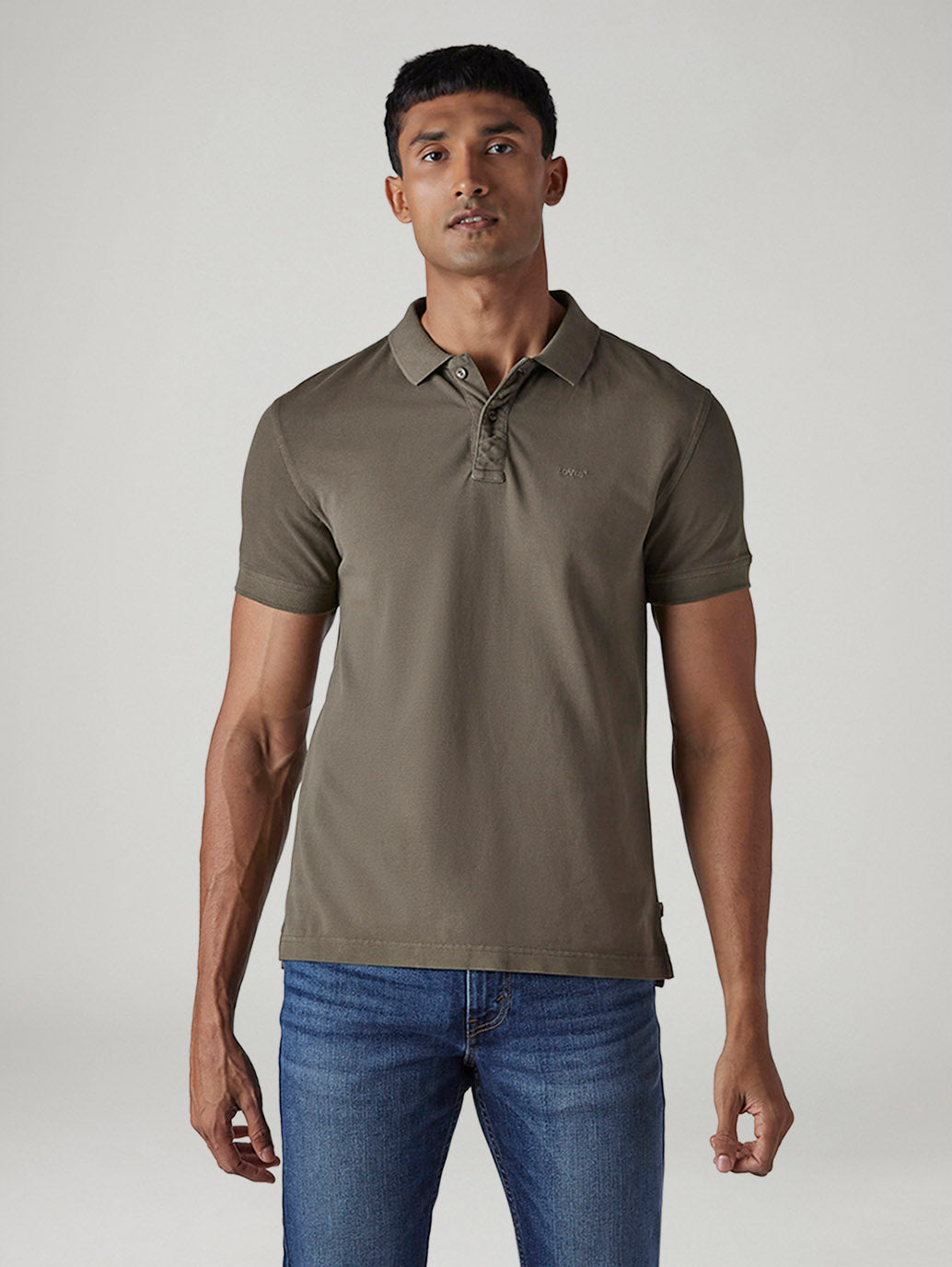 Men's Solid Olive Overdyed Pique Polo T-shirt - Front View