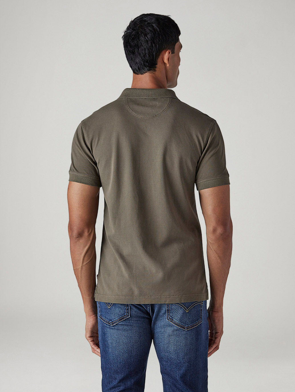 Men's Solid Olive Overdyed Pique Polo T-shirt - Back View