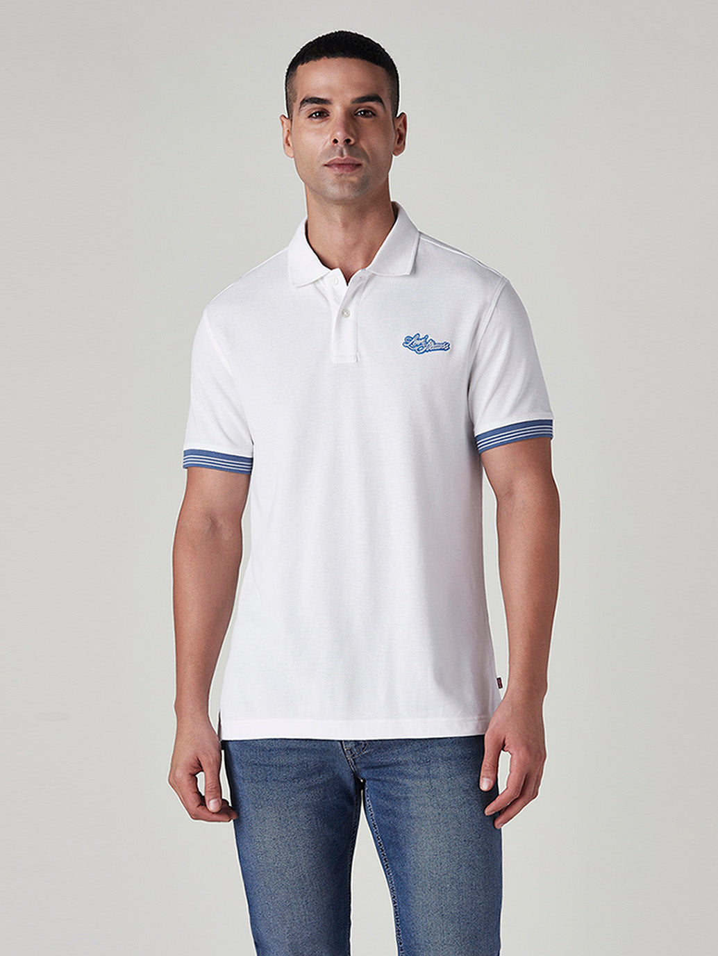 Men's Brand Logo White Pique Polo T-shirt - Front View