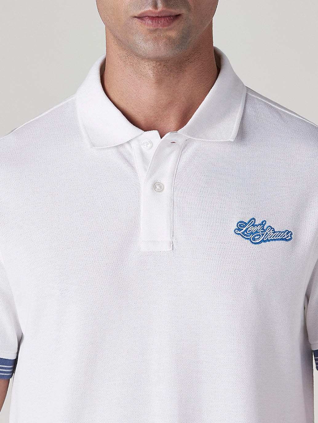 Men's Brand Logo White Pique Polo T-shirt - Detail View