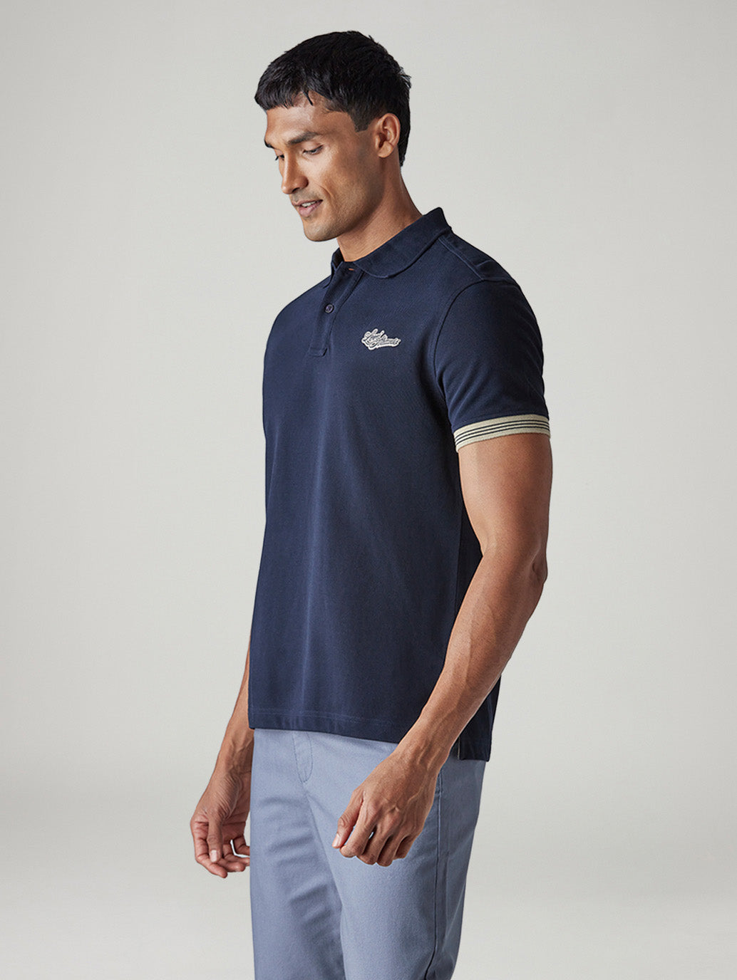 Men's Solid Navy Pique Polo T-Shirt - Side View