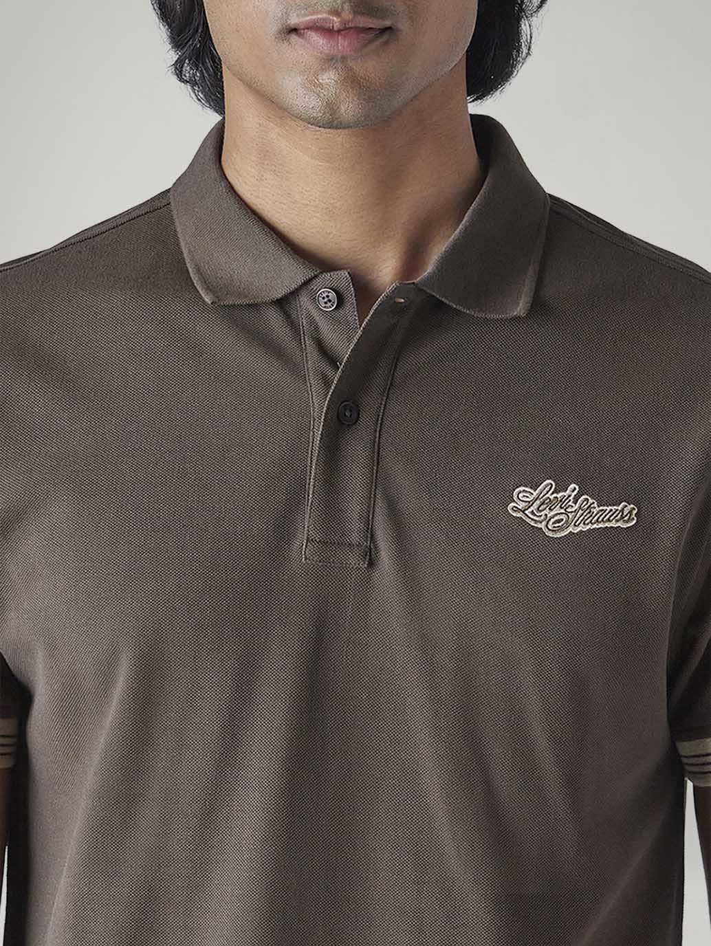 Men's Solid Brown Pique Polo T-Shirt - Detail View