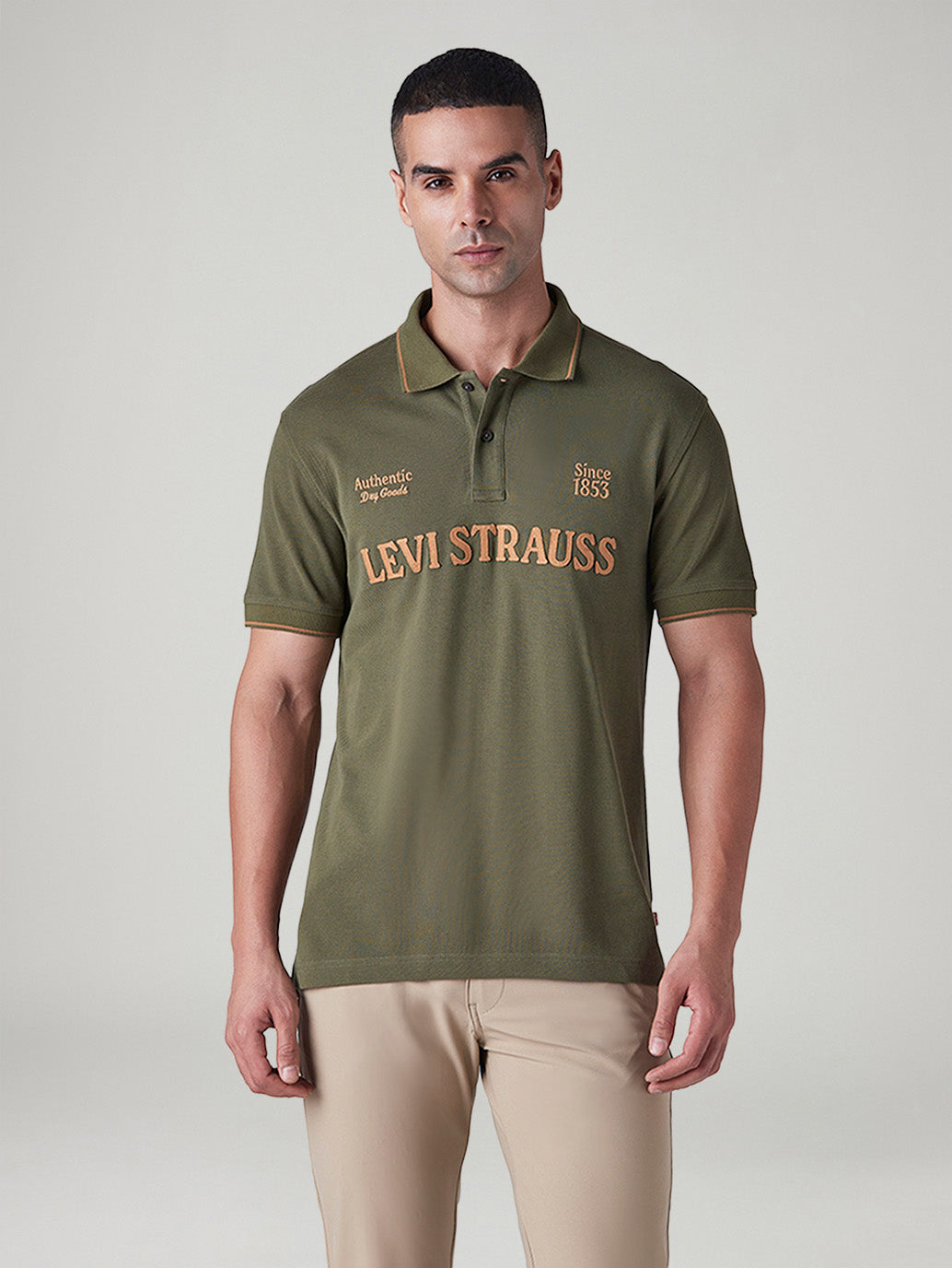 Men's Patchwork Olive Pique Polo T shirt - Front View
