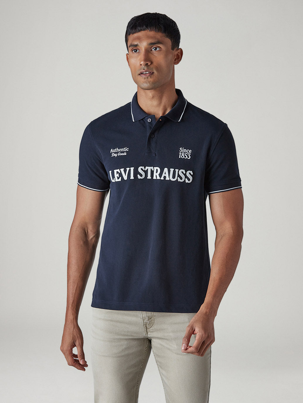 Men's Typography Navy Pique Polo T-Shirt - Front View