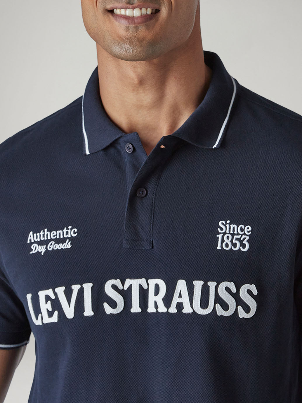 Men's Typography Navy Pique Polo T-Shirt - Detail View