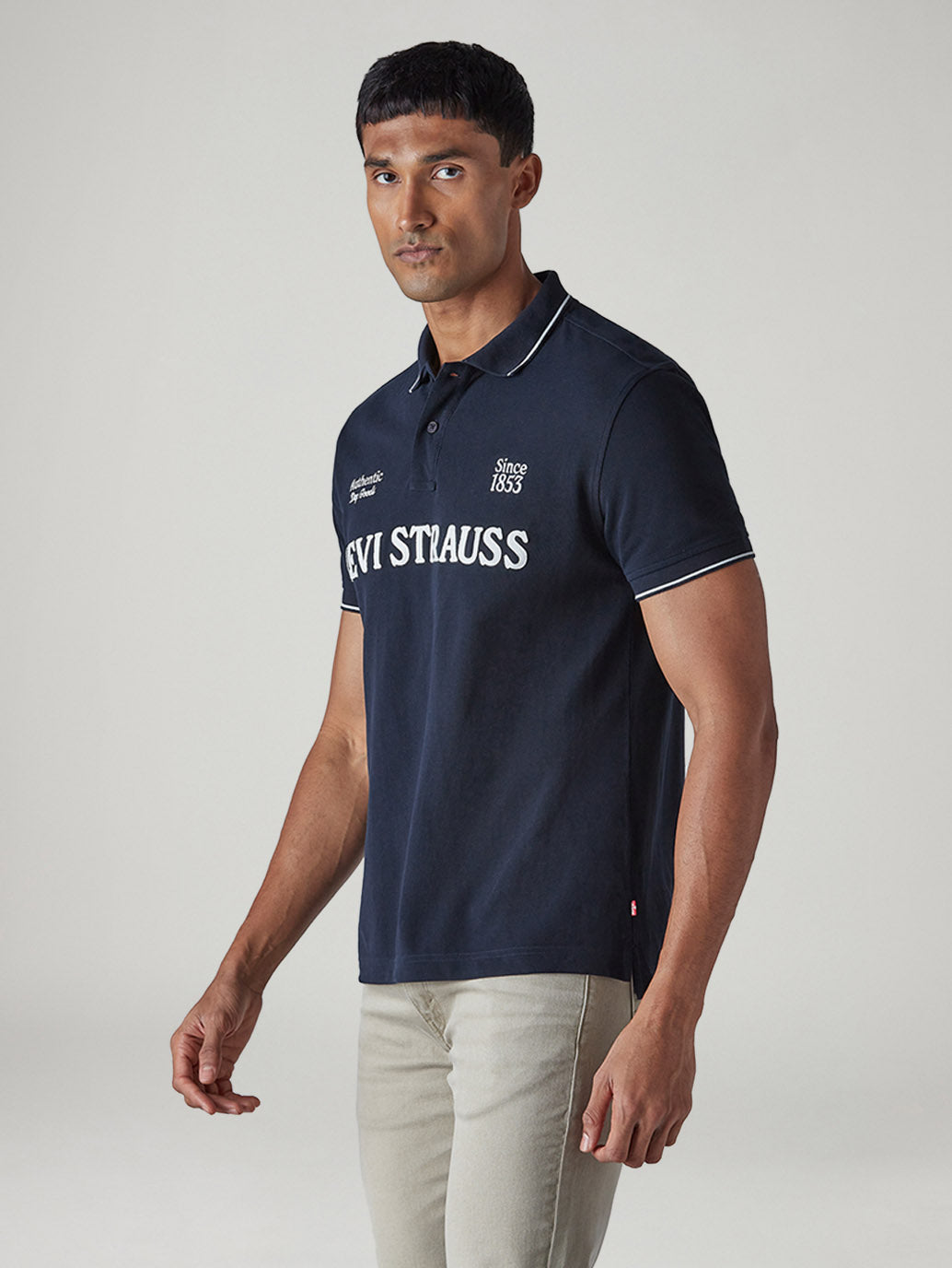 Men's Typography Navy Pique Polo T-Shirt - Side View