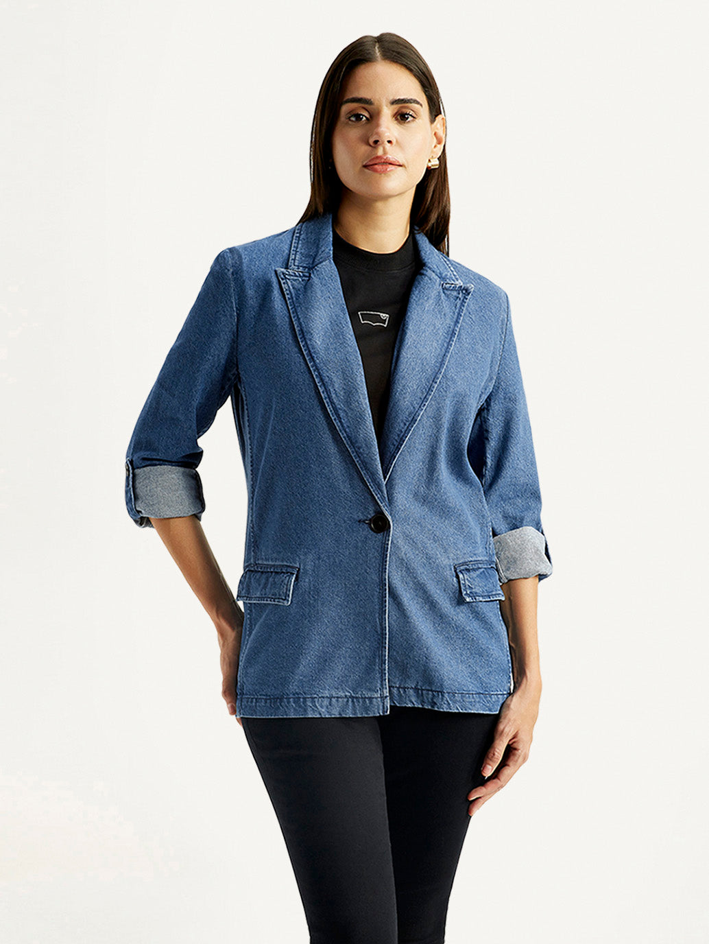 Women's Solid Blue Blazer - Front View
