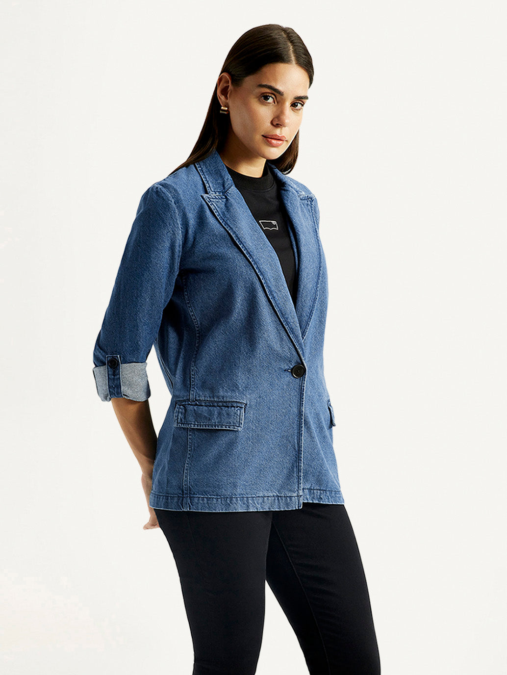 Women's Solid Blue Blazer - Side View