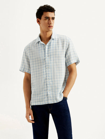 Men's Checkered Slim Fit Camp Linen Shirt-image-14