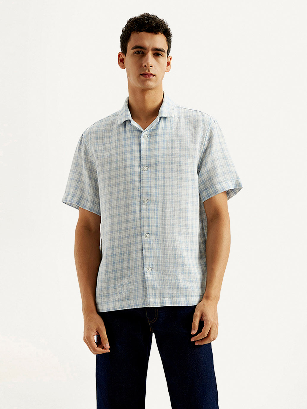 Men's Checkered Slim Fit Camp Linen Shirt - Front View