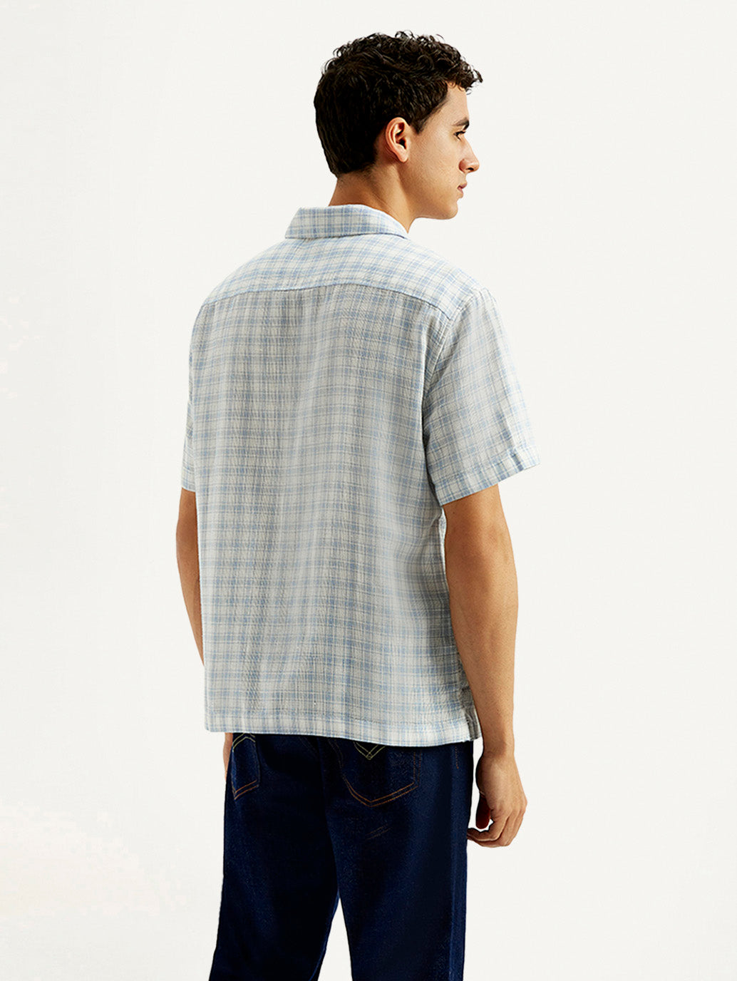 Men's Checkered Slim Fit Camp Linen Shirt - Back View