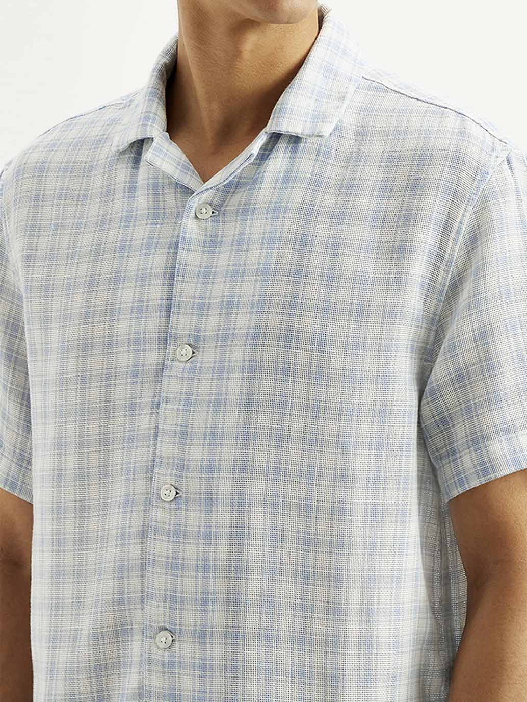 Men's Checkered Slim Fit Camp Linen Shirt - Detail View