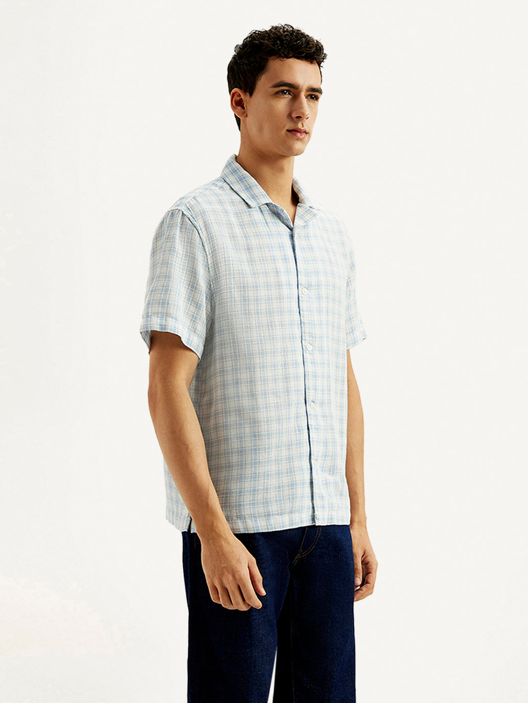 Men's Checkered Slim Fit Camp Linen Shirt - Side View