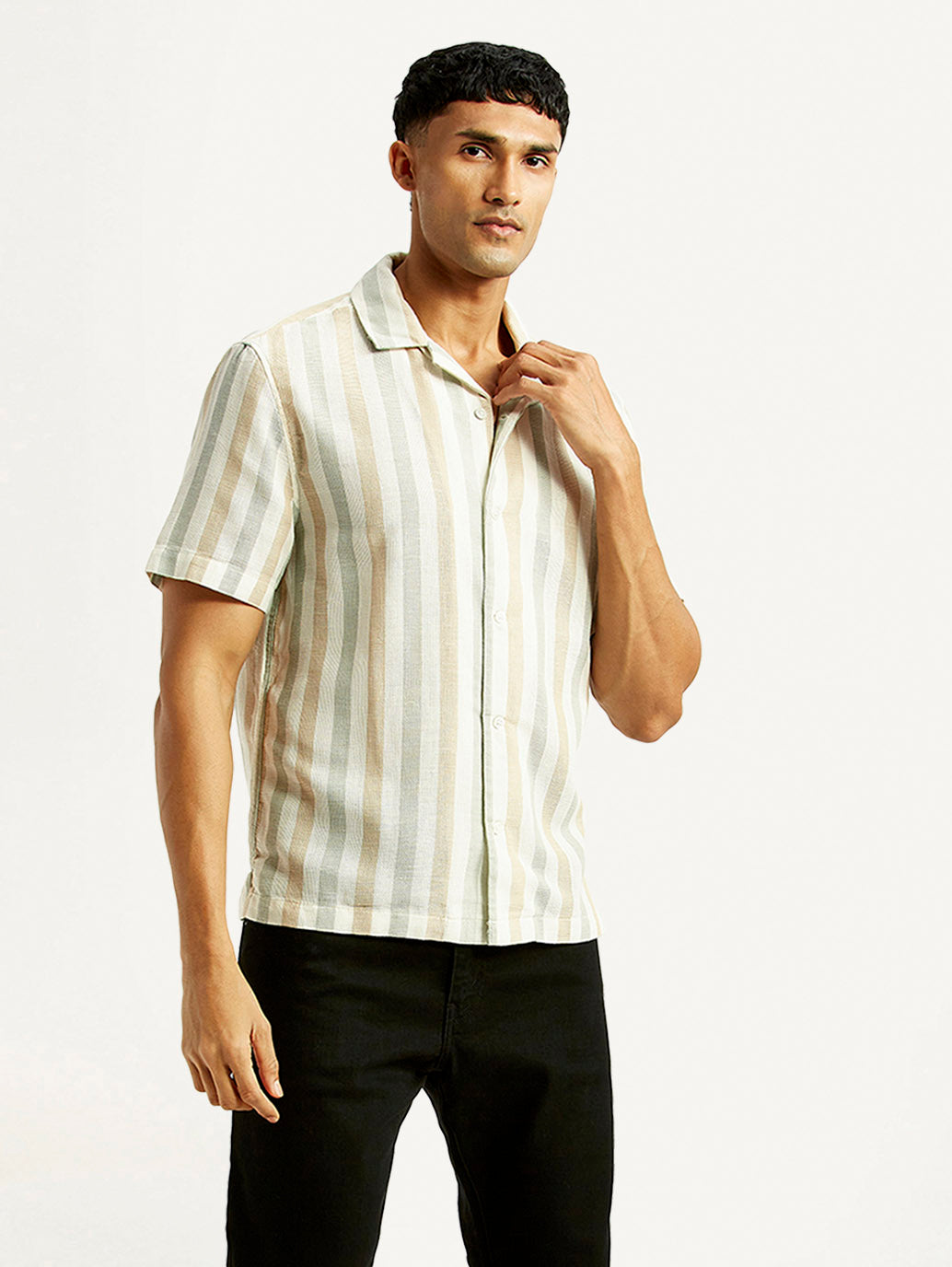 Men's Striped Slim Fit Resort Collar Linen Shirt - Styleshot View