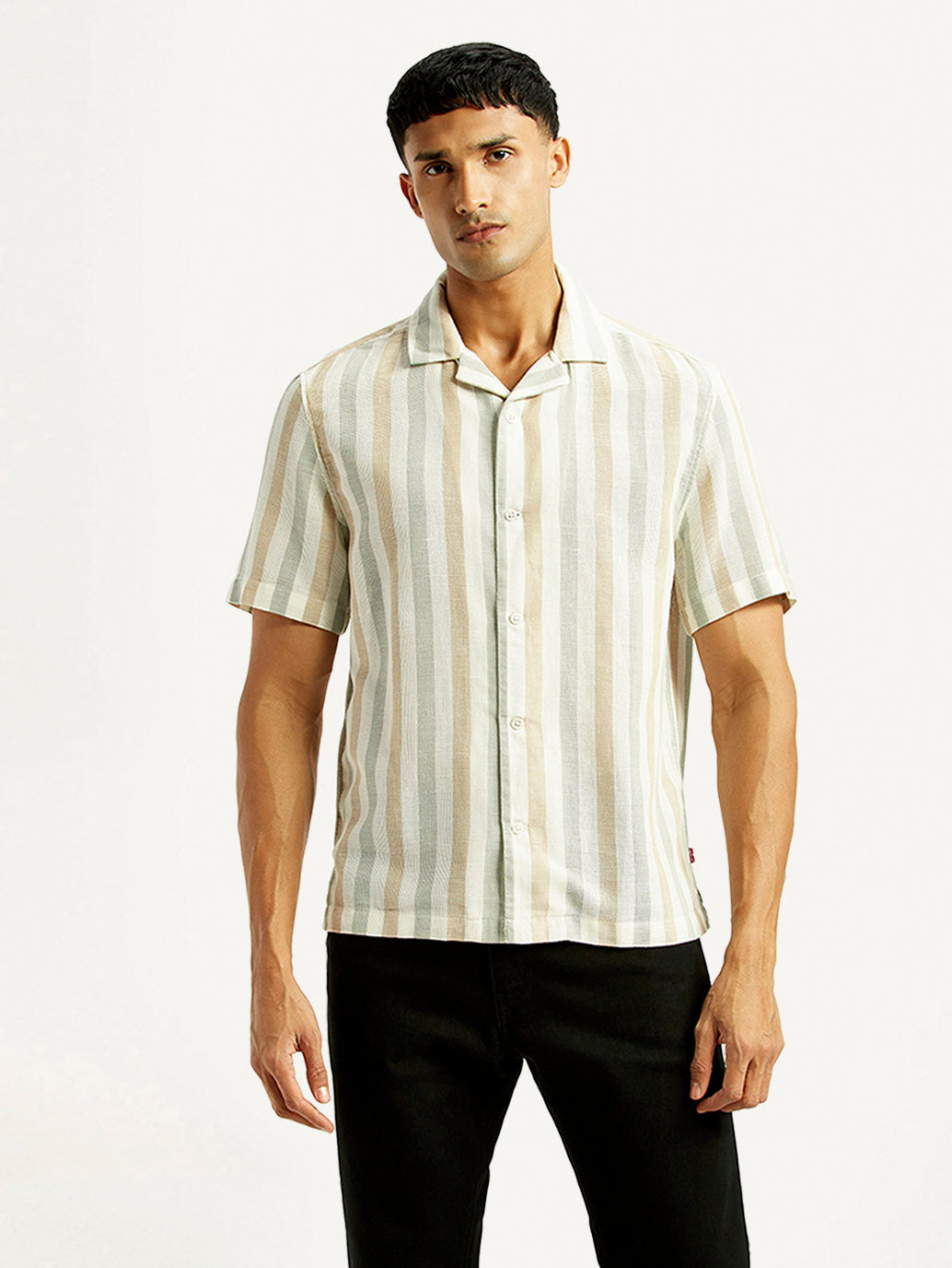 Men's Striped Slim Fit Resort Collar Linen Shirt - Front View