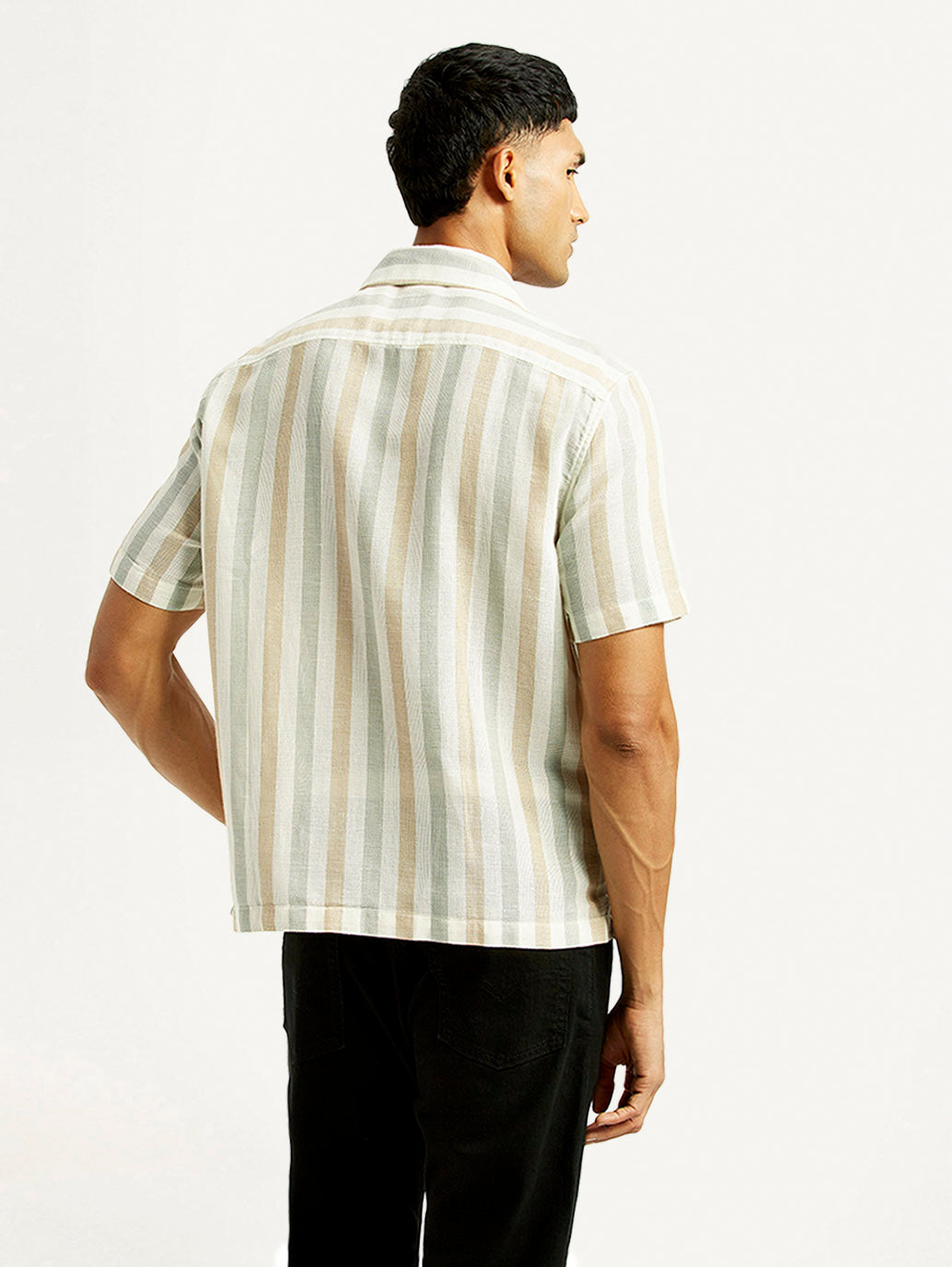Men's Striped Slim Fit Resort Collar Linen Shirt - Back View