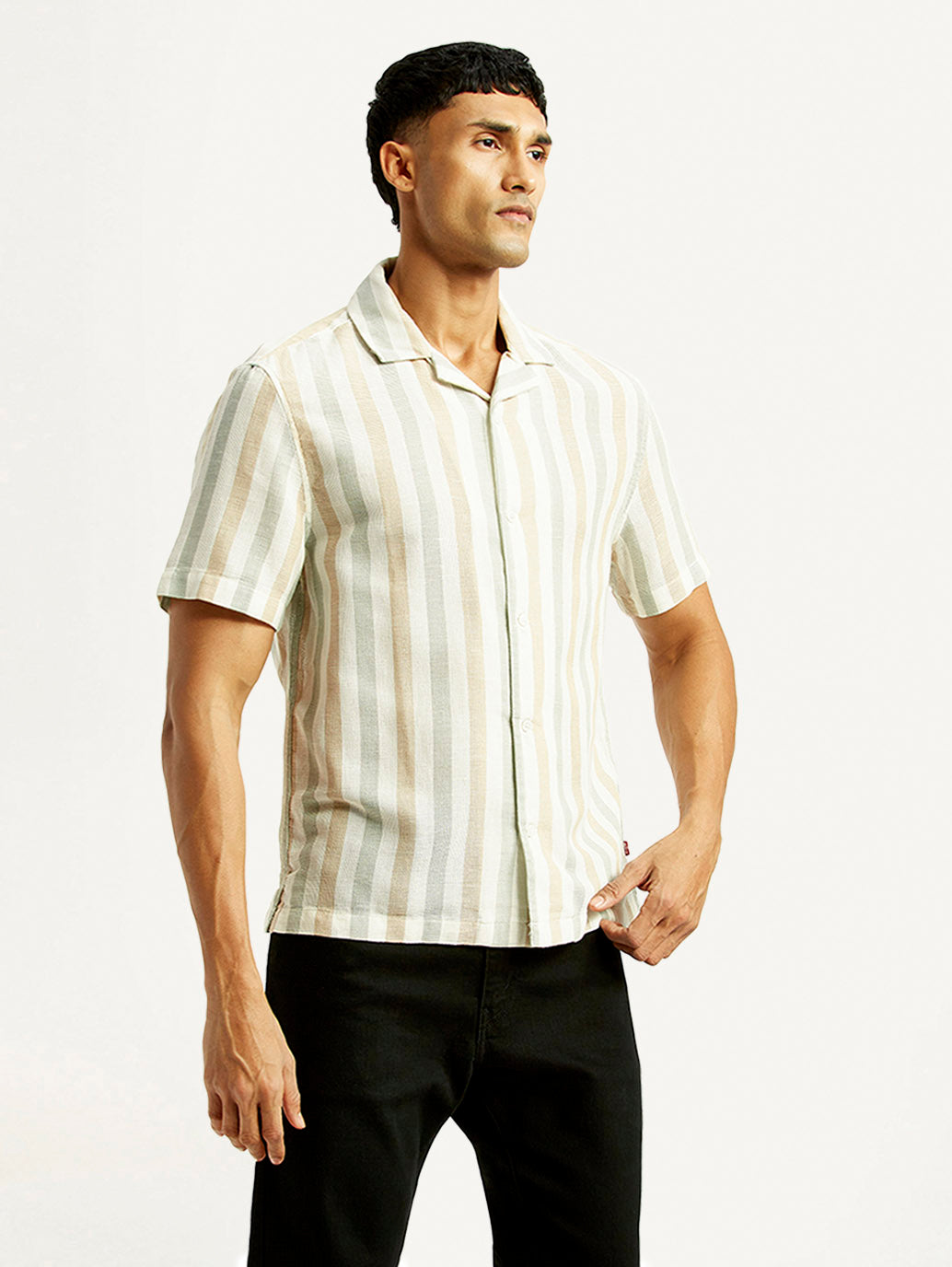 Men's Striped Slim Fit Resort Collar Linen Shirt - Side View