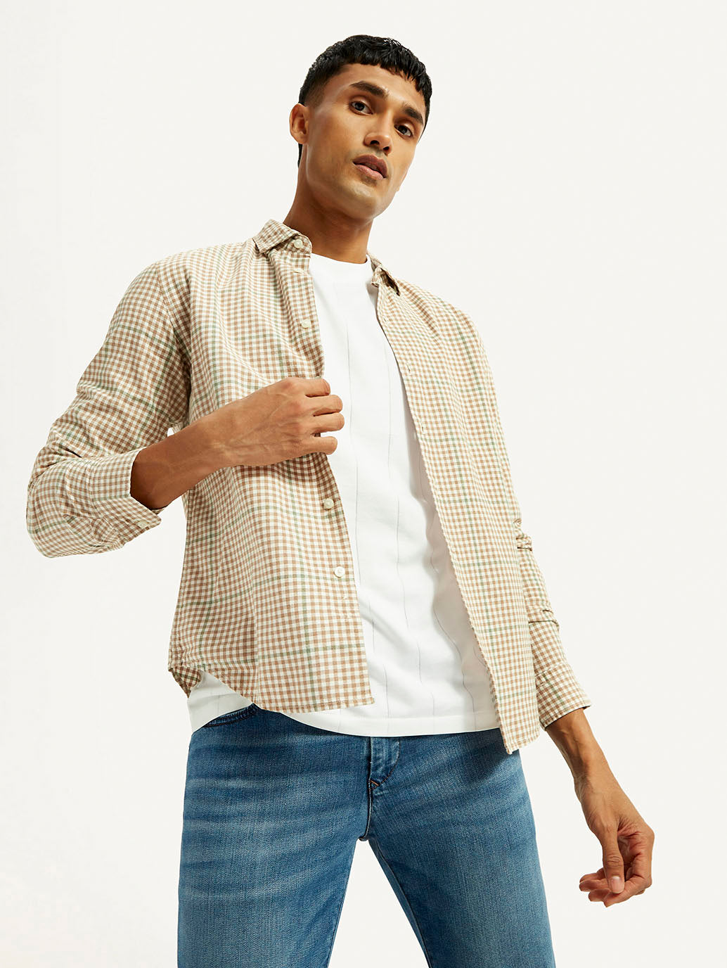 Men's Checkered Peach Slim Fit Shirt - Elevated View