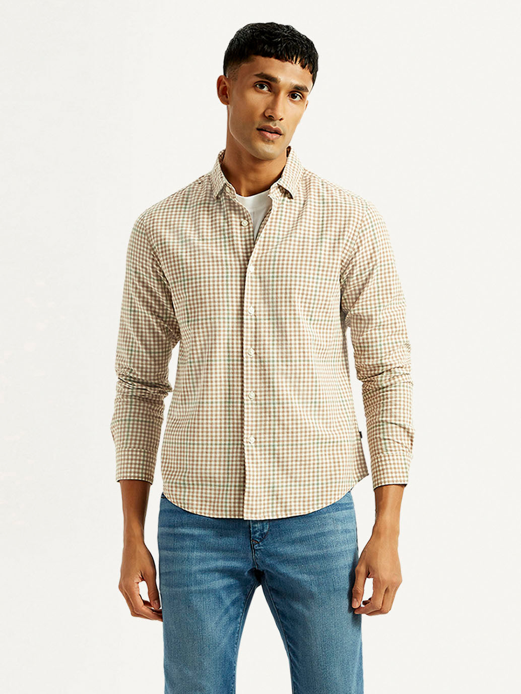 Men's Checkered Peach Slim Fit Shirt - Styleshot View