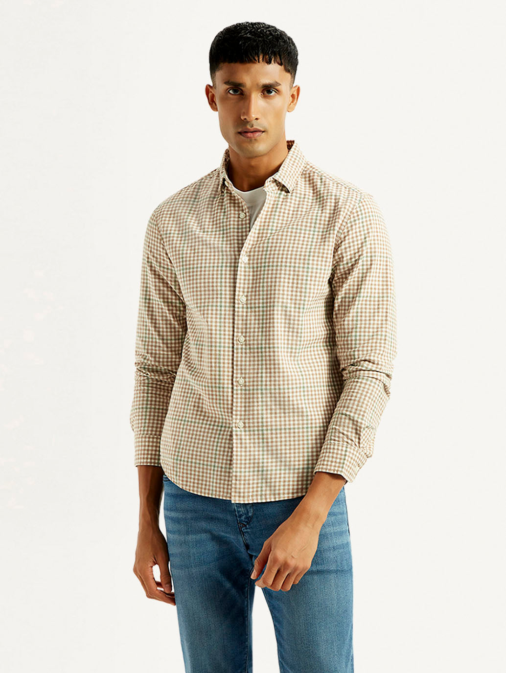 Men's Checkered Peach Slim Fit Shirt - Front View