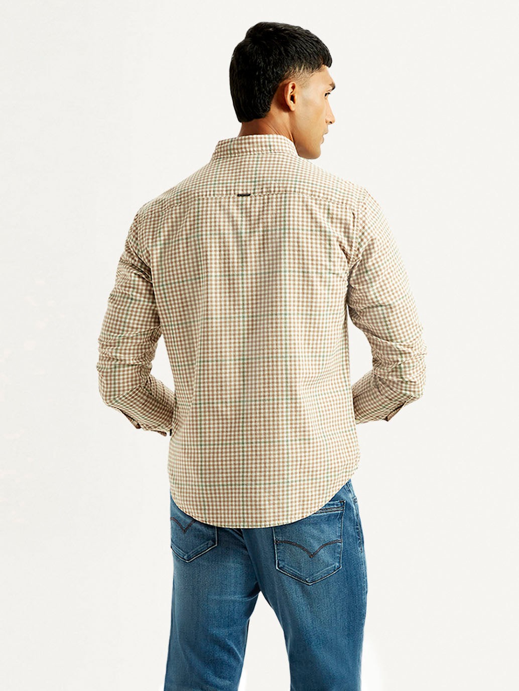 Men's Checkered Peach Slim Fit Shirt - Back View