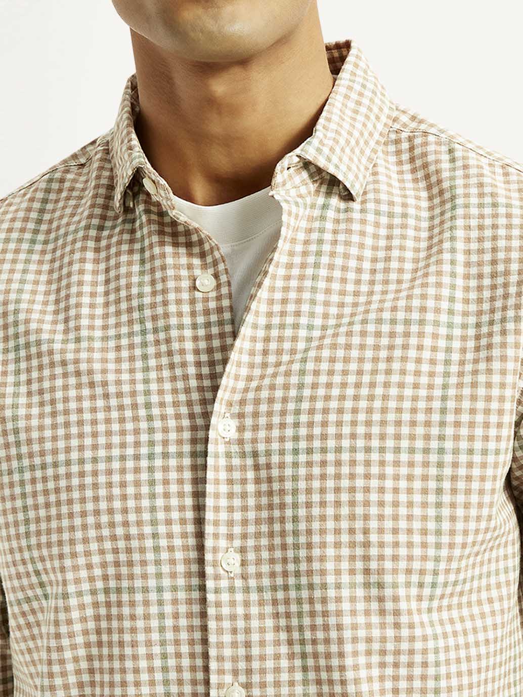 Men's Checkered Peach Slim Fit Shirt - Detail View