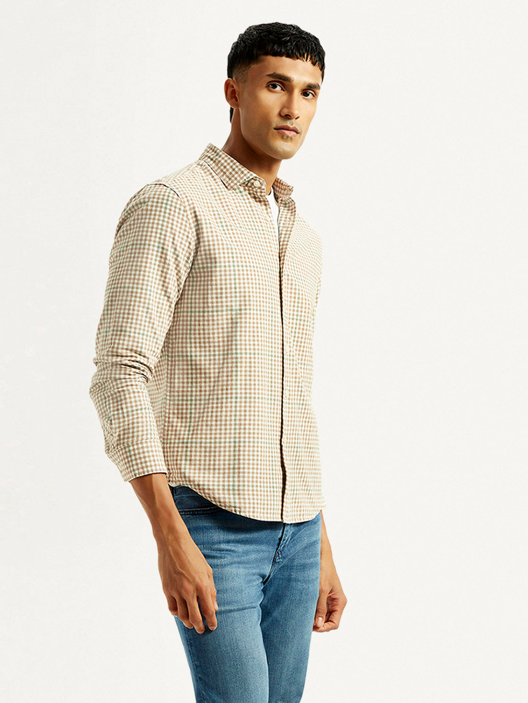 Men's Checkered Peach Slim Fit Shirt - Side View