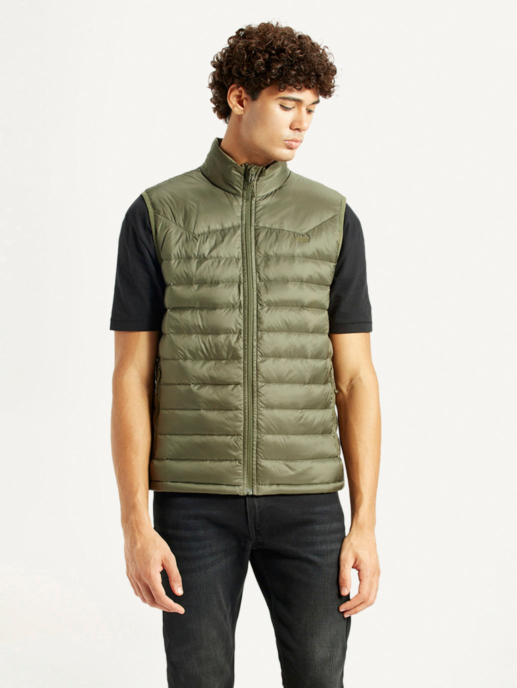 Men's Quilted Olive Slim Fit Puffer Jacket - Front View