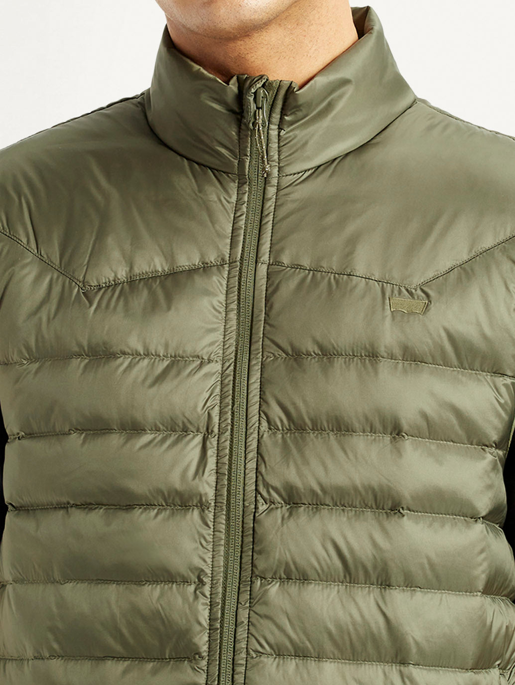 Men's Quilted Olive Slim Fit Puffer Jacket - Detail View