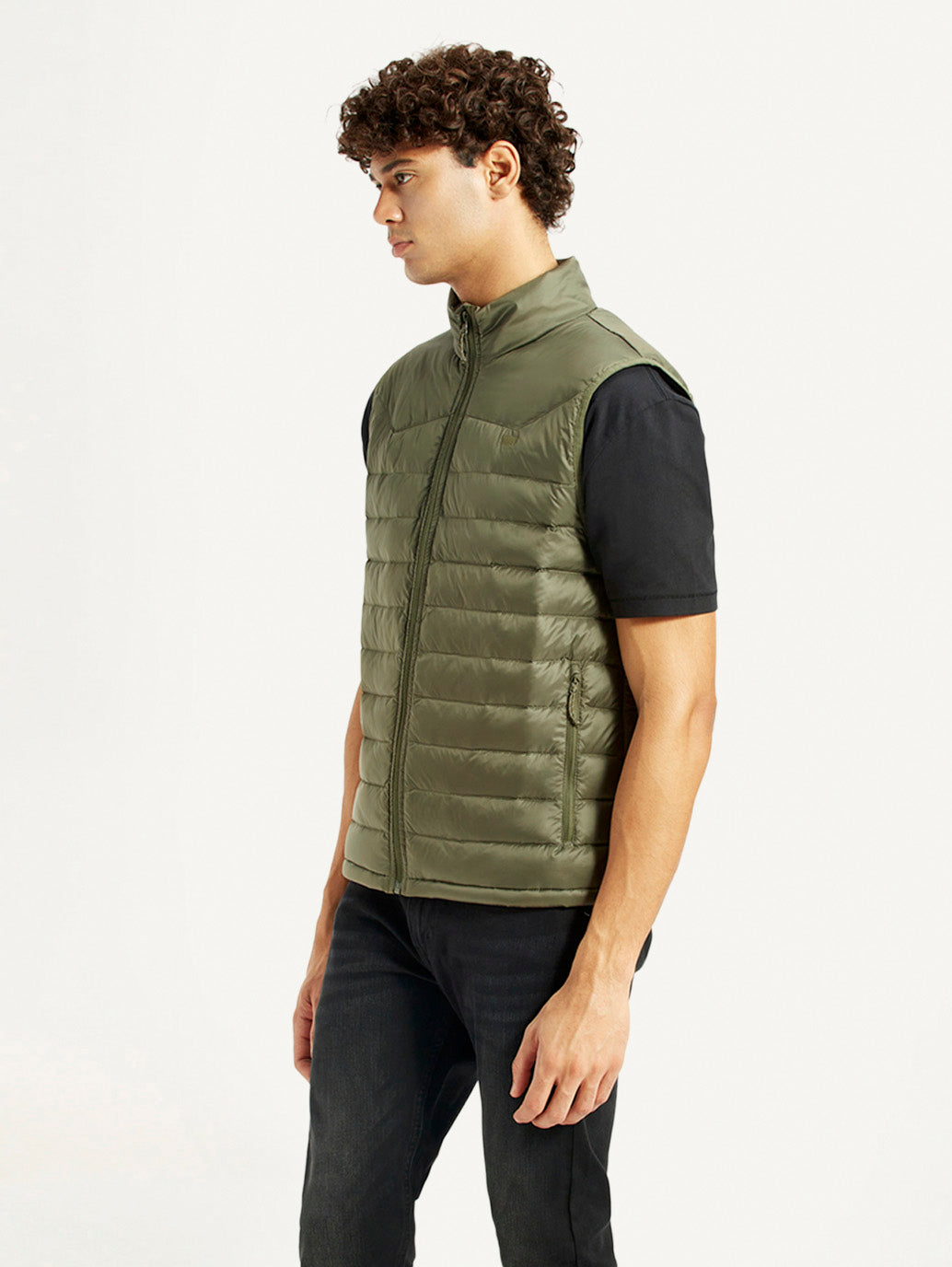 Men's Quilted Olive Slim Fit Puffer Jacket - Side View
