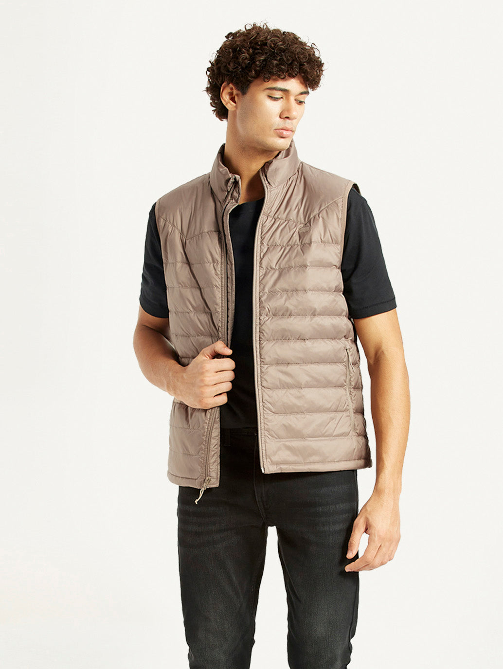 Men's Quilted Taupe Slim Fit Puffer Jacket