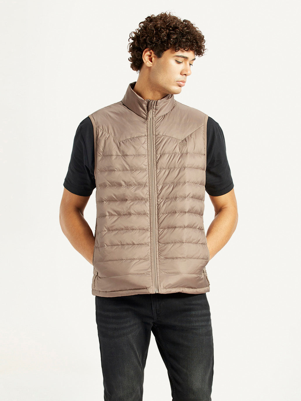 Men's Quilted Taupe Slim Fit Puffer Jacket - Front View