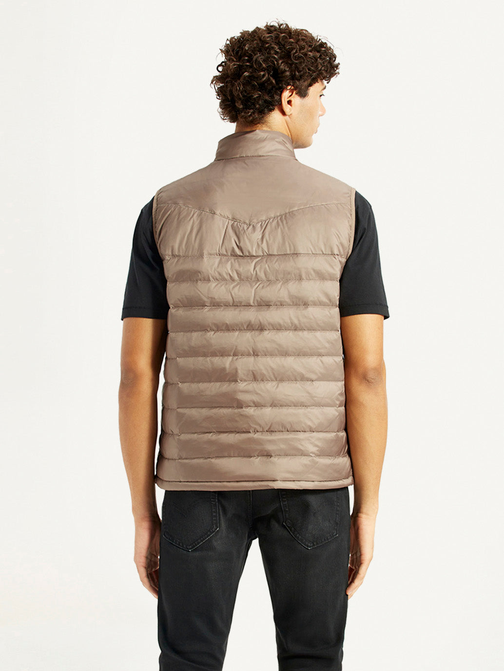 Men's Quilted Taupe Slim Fit Puffer Jacket - Back View