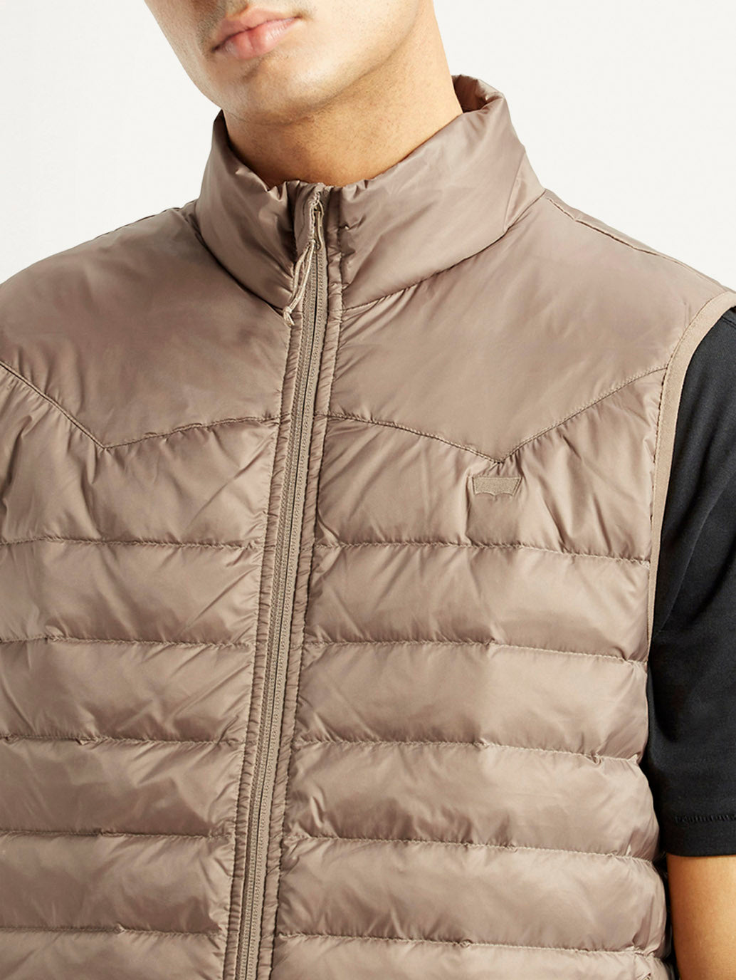 Men's Quilted Taupe Slim Fit Puffer Jacket - Detail View