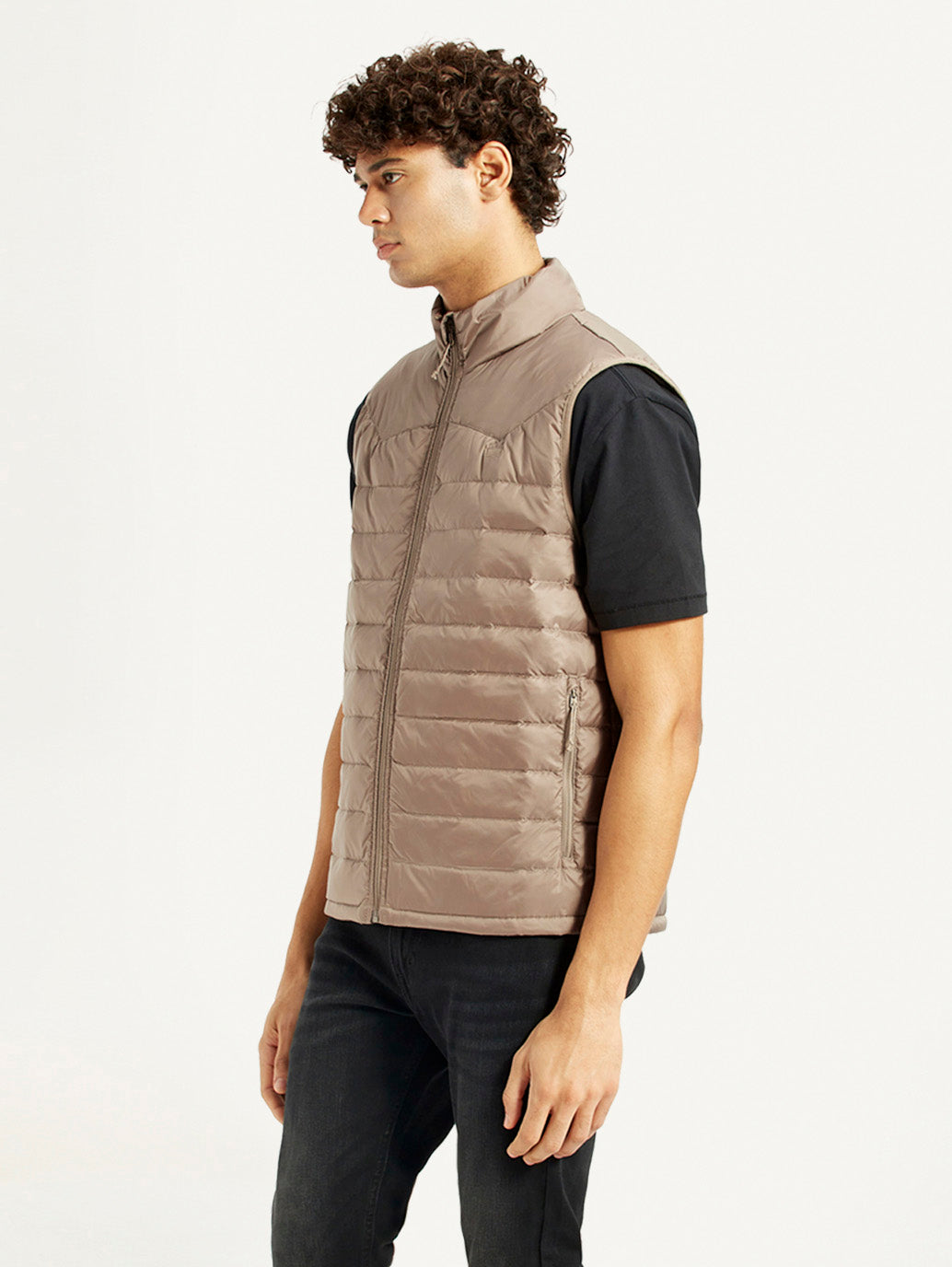 Men's Quilted Taupe Slim Fit Puffer Jacket - Side View