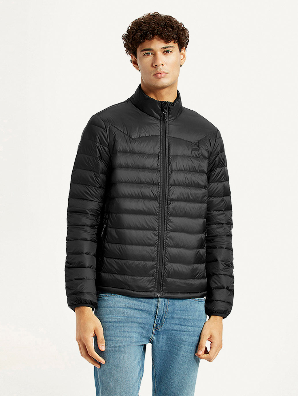 Men's Quilted Black Slim Fit Puffer Jacket - Front View