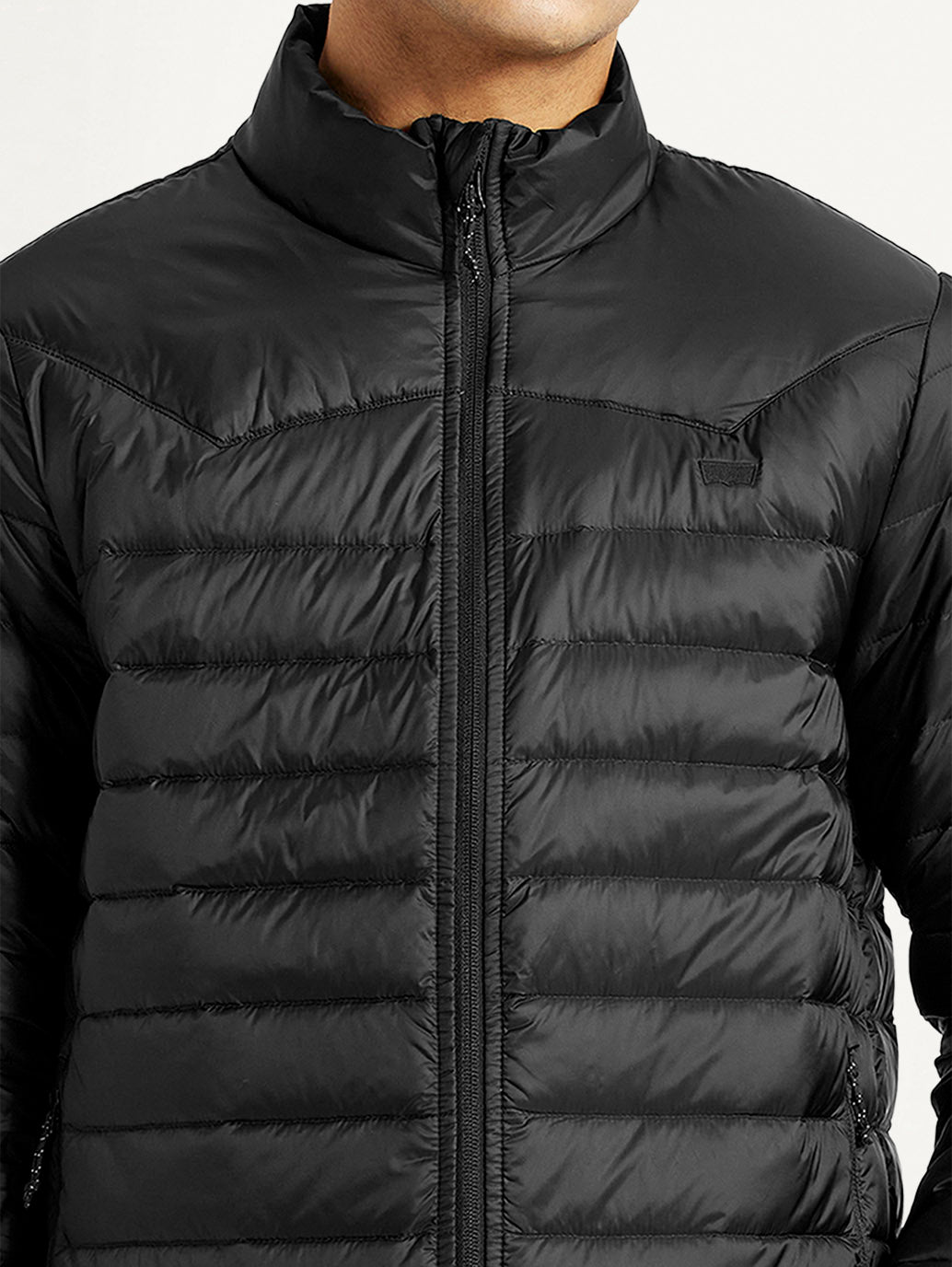 Men's Quilted Black Slim Fit Puffer Jacket - Detail View